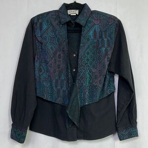 Vintage Circle T Western Cowgirl Button Black and Teal Patterned Tie Front Shirt